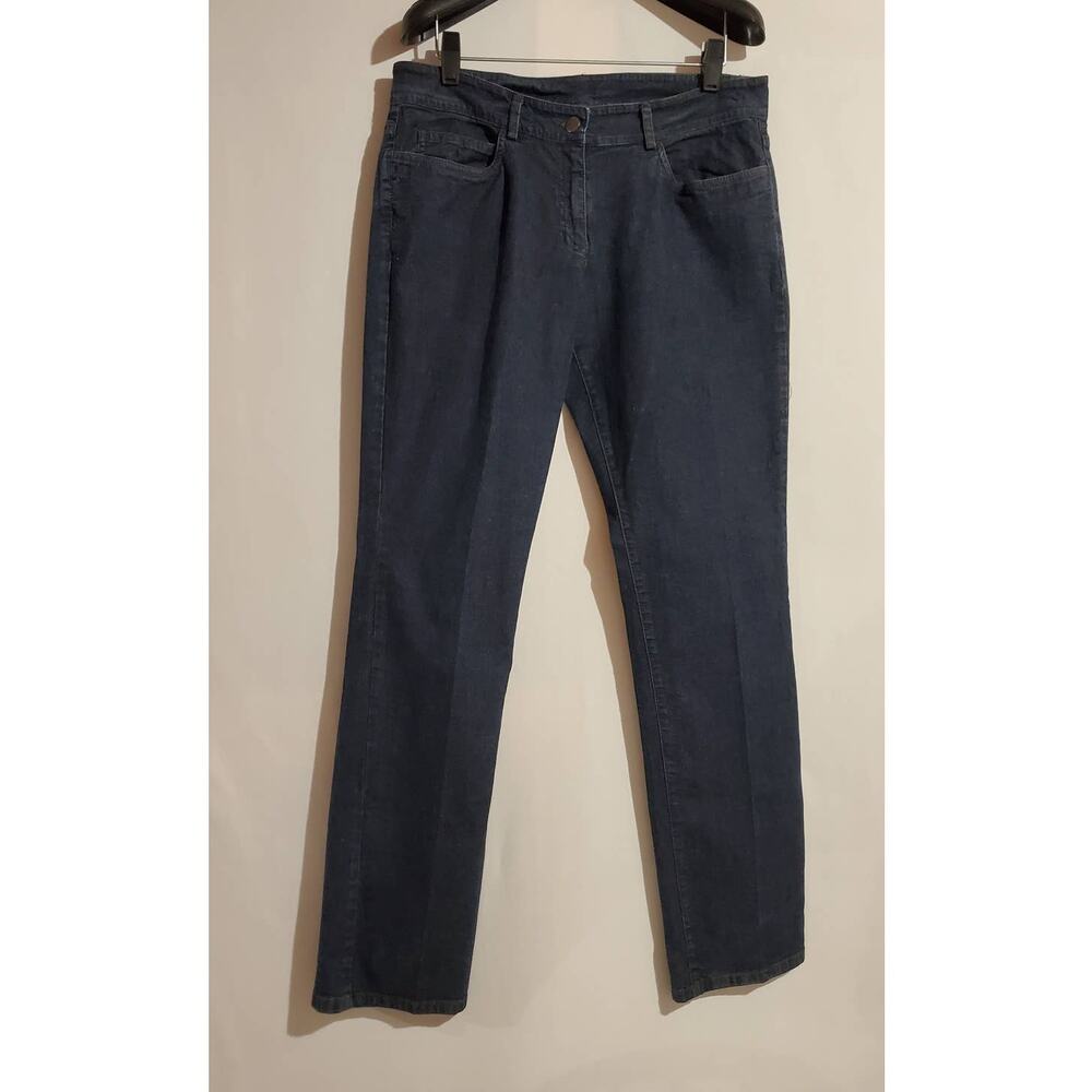 Eileen Fisher Dark Wash Straight Leg Jeans Womens Size M Petite Mid Rise Stretch